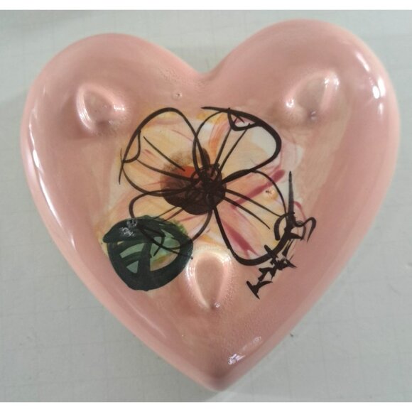 Kelly Jo Pottery Heart Shaped Box Floral Cactus Pink Green Southwestern 5.5x5 - Picture 4 of 5